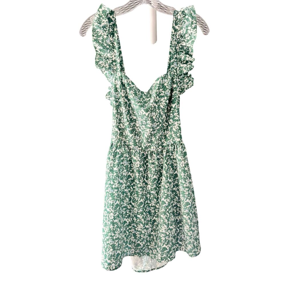 Womens XL Green Floral Apron Dress Ruffle Strap Tie Front Cottagecore
